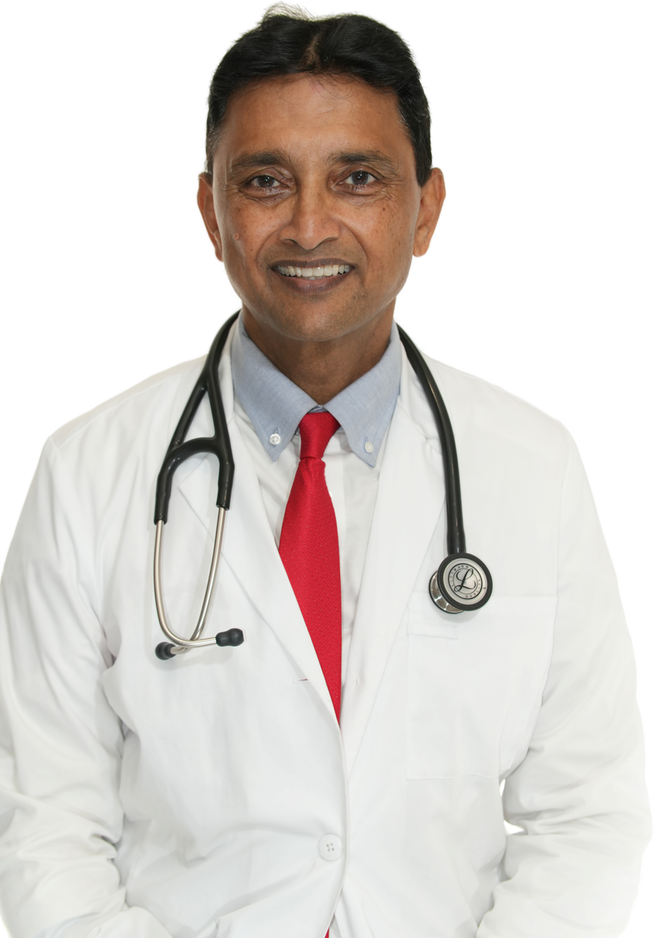 Dr. Angampally Rajeev in a white coat with a stethoscope